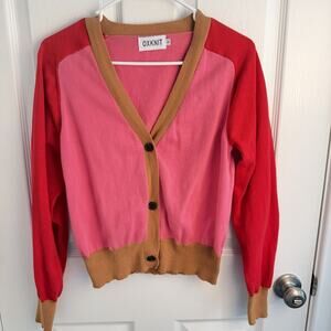 Valentines Oxknit Cropped Cardigan Color Blocked Red Pink Tan Large 19” Ptp